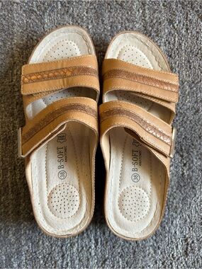 B-Soft Tan Comfort Slide Sandals for Women